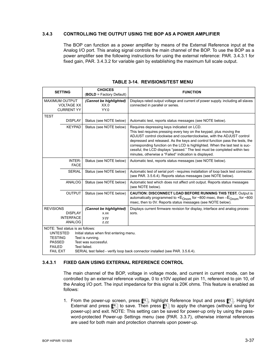Table 3-14. revisions/test menu, 1 fixed gain using external reference control, Fixed gain using external reference control -37 | 14 revisions/test menu -37, R. 3.4.3.1, Le 3-14), R. 3.4.3.1 for, R. 3.4.3.1), Ar. 3.4.3) | KEPCO BOP 1KW-MG Operator Manual, Firmware Ver.2.48 to 3.04 User Manual | Page 101 / 188