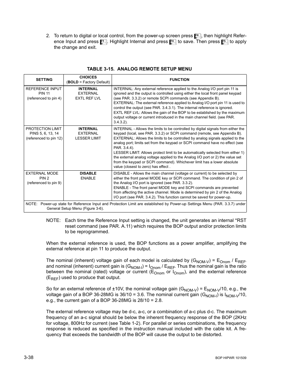Table 3-15. analog remote setup menu, 15 analog remote setup menu -38, 15): r | 15 list the | KEPCO BOP 1KW-MG Operator Manual, Firmware Ver.2.48 to 3.04 User Manual | Page 102 / 188