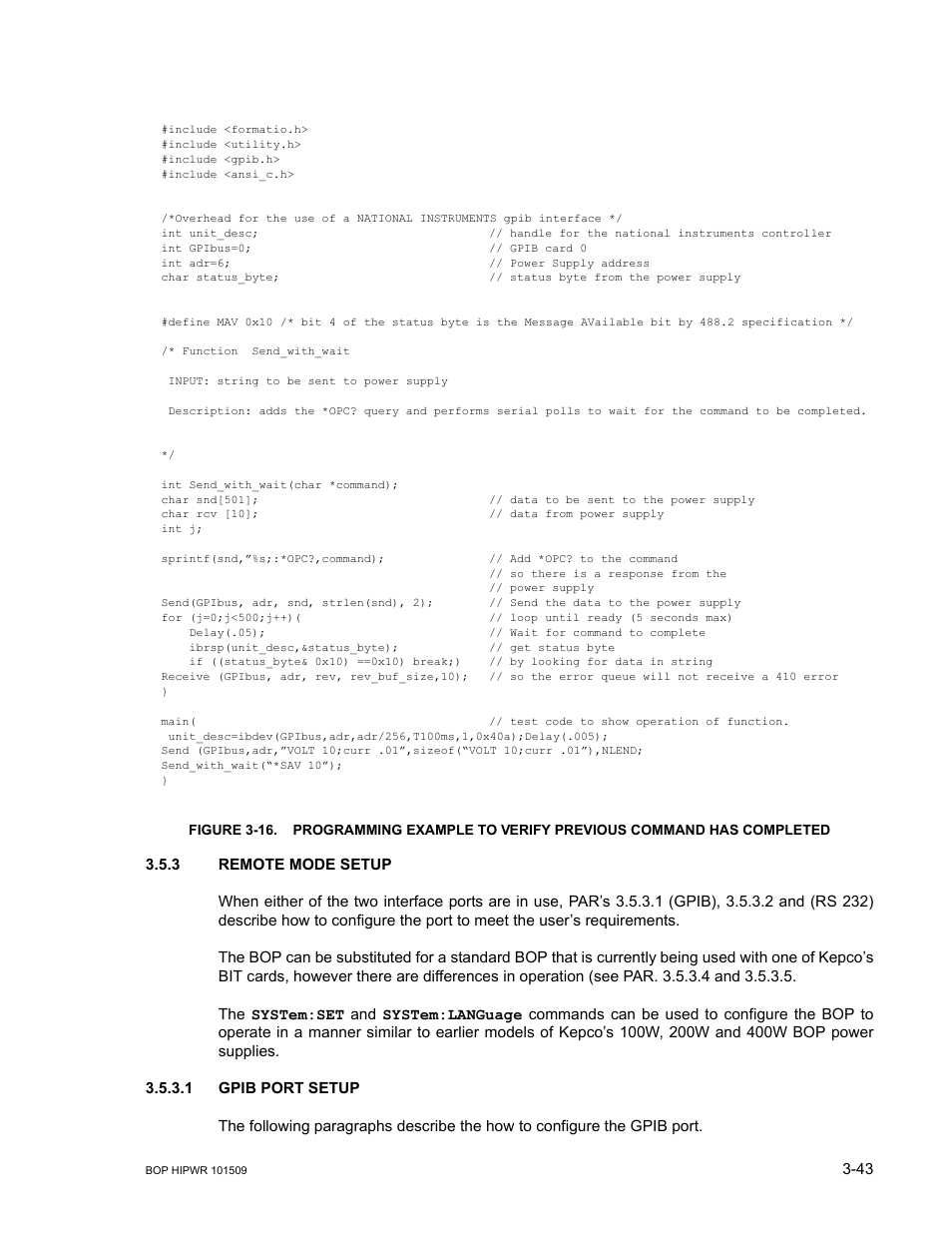 3 remote mode setup, 1 gpib port setup, Remote mode setup -43 | Gpib port setup -43, R 3.5.3.1, R. 3.5.3.1 | KEPCO BOP 1KW-MG Operator Manual, Firmware Ver.2.48 to 3.04 User Manual | Page 107 / 188
