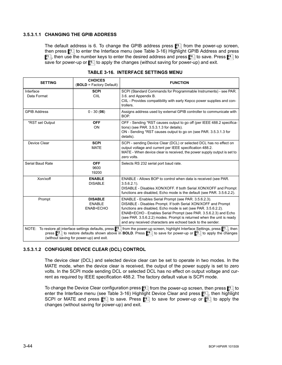 1 changing the gpib address, Table 3-16. interface settings menu, 2 configure device clear (dcl) control | Changing the gpib address -44, Configure device clear (dcl) control -44, 16 interface settings menu -44, Ar. 3.5.3.1.1) | KEPCO BOP 1KW-MG Operator Manual, Firmware Ver.2.48 to 3.04 User Manual | Page 108 / 188