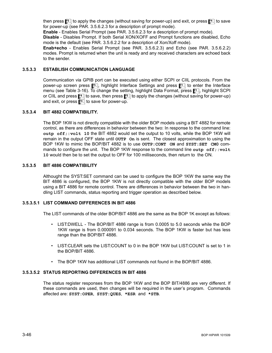 3 establish communication language, 4 bit 4882 compatibility, 5 bit 4886 compatibility | 1 list command differences in bit 4886, 2 status reporting differences in bit 4886, Establish communication language -46, Bit 4882 compatibility -46, Bit 4886 compatibility -46, List command differences in bit 4886 -46, Status reporting differences in bit 4886 -46 | KEPCO BOP 1KW-MG Operator Manual, Firmware Ver.2.48 to 3.04 User Manual | Page 110 / 188
