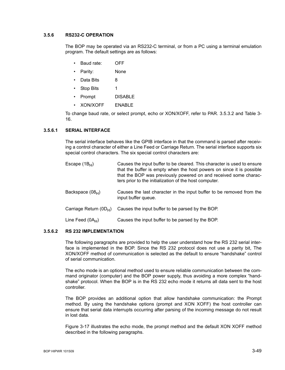 6 rs232-c operation, 1 serial interface, 2 rs 232 implementation | Rs232-c operation -49, Serial interface -49, Rs 232 implementation -49, R. 3.5.6 | KEPCO BOP 1KW-MG Operator Manual, Firmware Ver.2.48 to 3.04 User Manual | Page 113 / 188