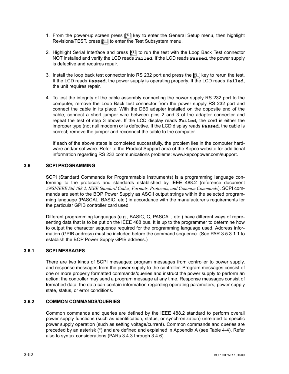 6 scpi programming, 1 scpi messages, 2 common commands/queries | Scpi programming -52, Scpi messages -52, Common commands/queries -52, R. 3.6, 6; app, R. 3.6), Ar. 3.6) | KEPCO BOP 1KW-MG Operator Manual, Firmware Ver.2.48 to 3.04 User Manual | Page 116 / 188