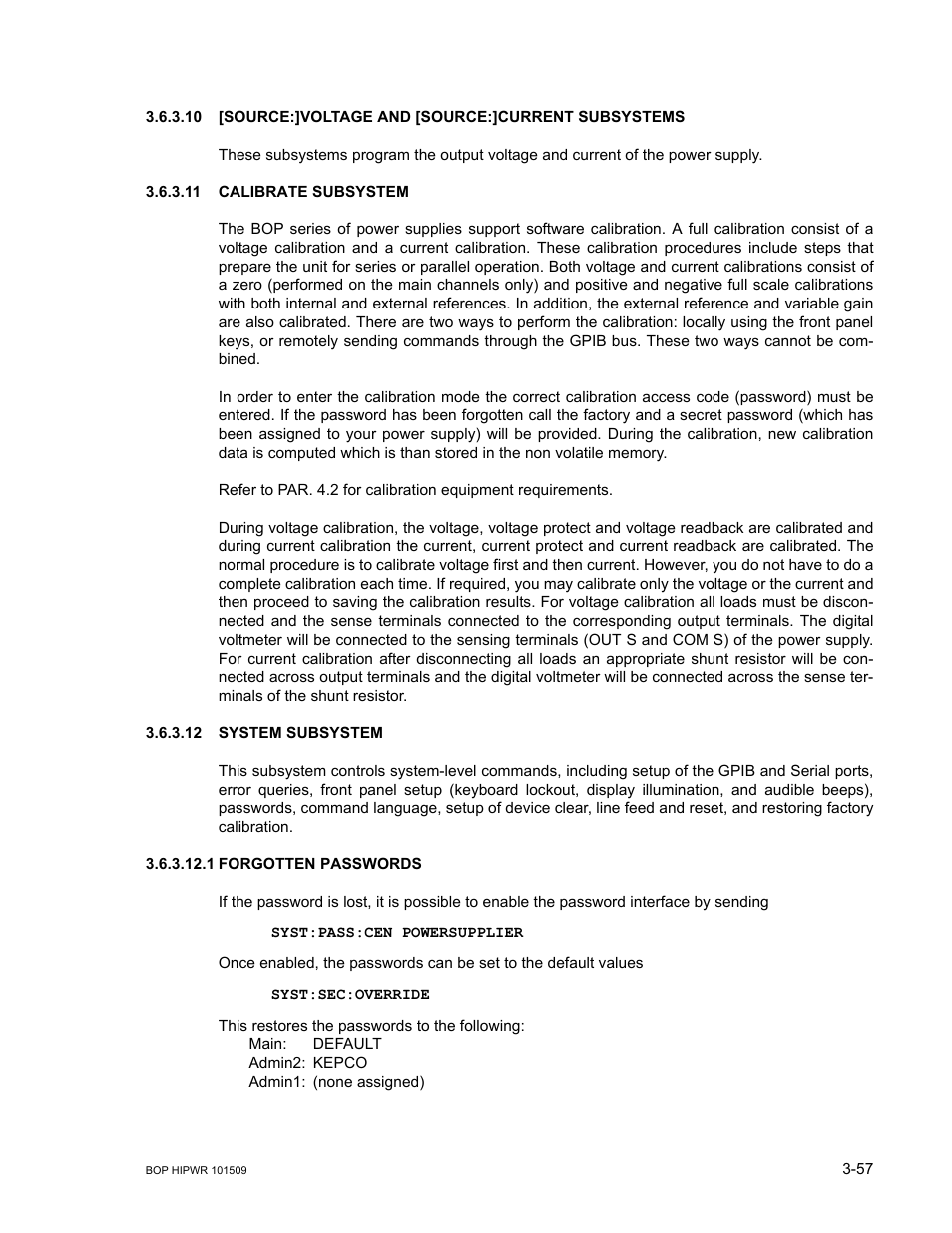 11 calibrate subsystem, 12 system subsystem, 1 forgotten passwords | Calibrate subsystem -57, System subsystem -57, Forgotten passwords -57 | KEPCO BOP 1KW-MG Operator Manual, Firmware Ver.2.48 to 3.04 User Manual | Page 121 / 188