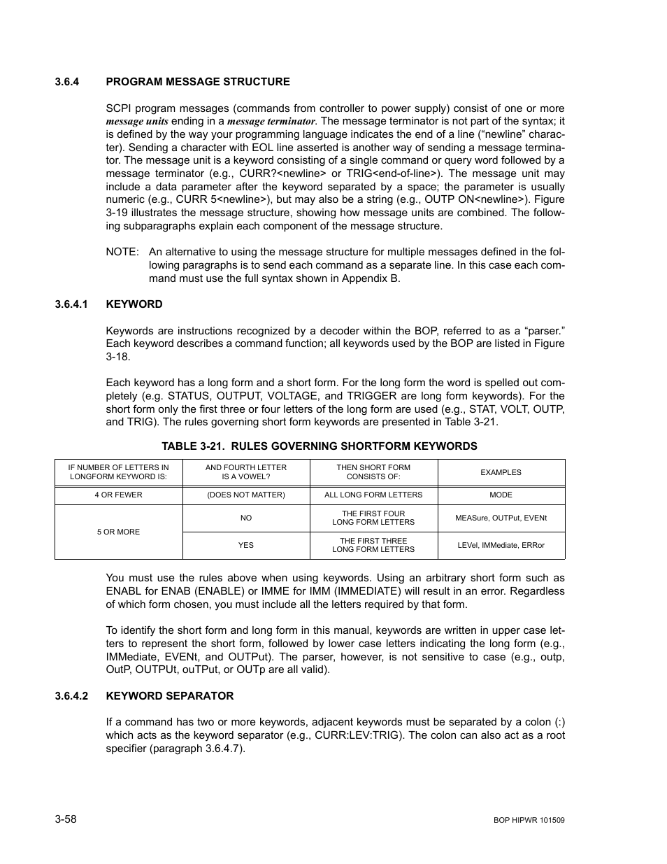 4 program message structure, 1 keyword, Table 3-21. rules governing shortform keywords | 2 keyword separator, Program message structure -58, Keyword -58, Keyword separator -58, 21 rules governing shortform keywords -58 | KEPCO BOP 1KW-MG Operator Manual, Firmware Ver.2.48 to 3.04 User Manual | Page 122 / 188