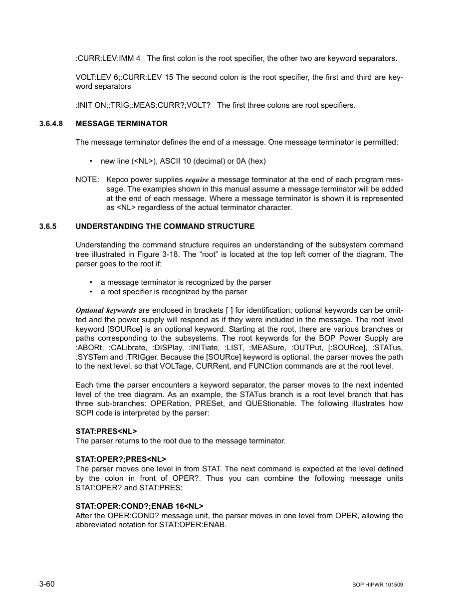 8 message terminator, 5 understanding the command structure, Message terminator -60 | Understanding the command structure -60 | KEPCO BOP 1KW-MG Operator Manual, Firmware Ver.2.48 to 3.04 User Manual | Page 124 / 188