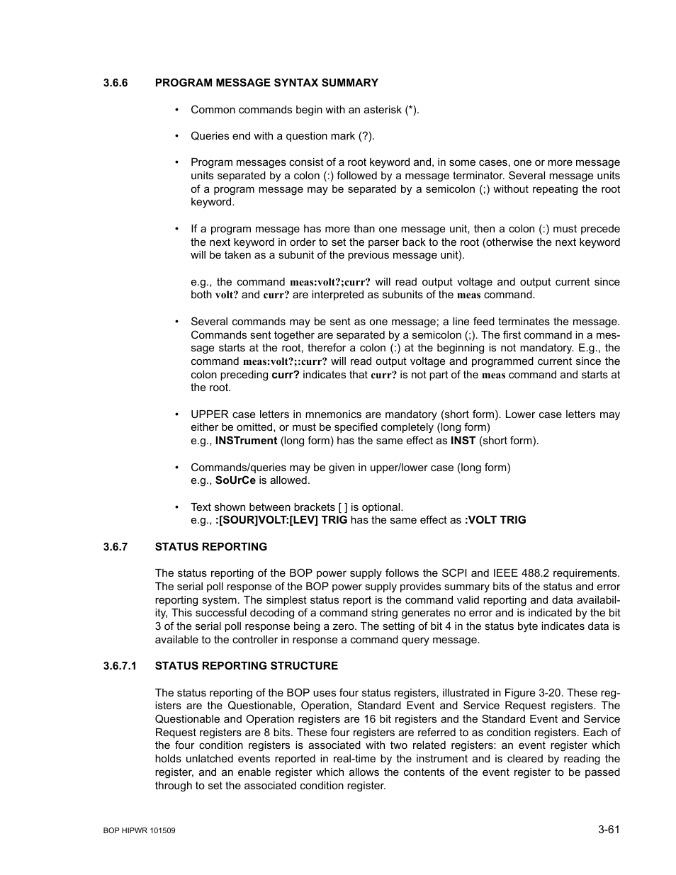 6 program message syntax summary, 7 status reporting, 1 status reporting structure | Program message syntax summary -61, Status reporting -61, Status reporting structure -61 | KEPCO BOP 1KW-MG Operator Manual, Firmware Ver.2.48 to 3.04 User Manual | Page 125 / 188