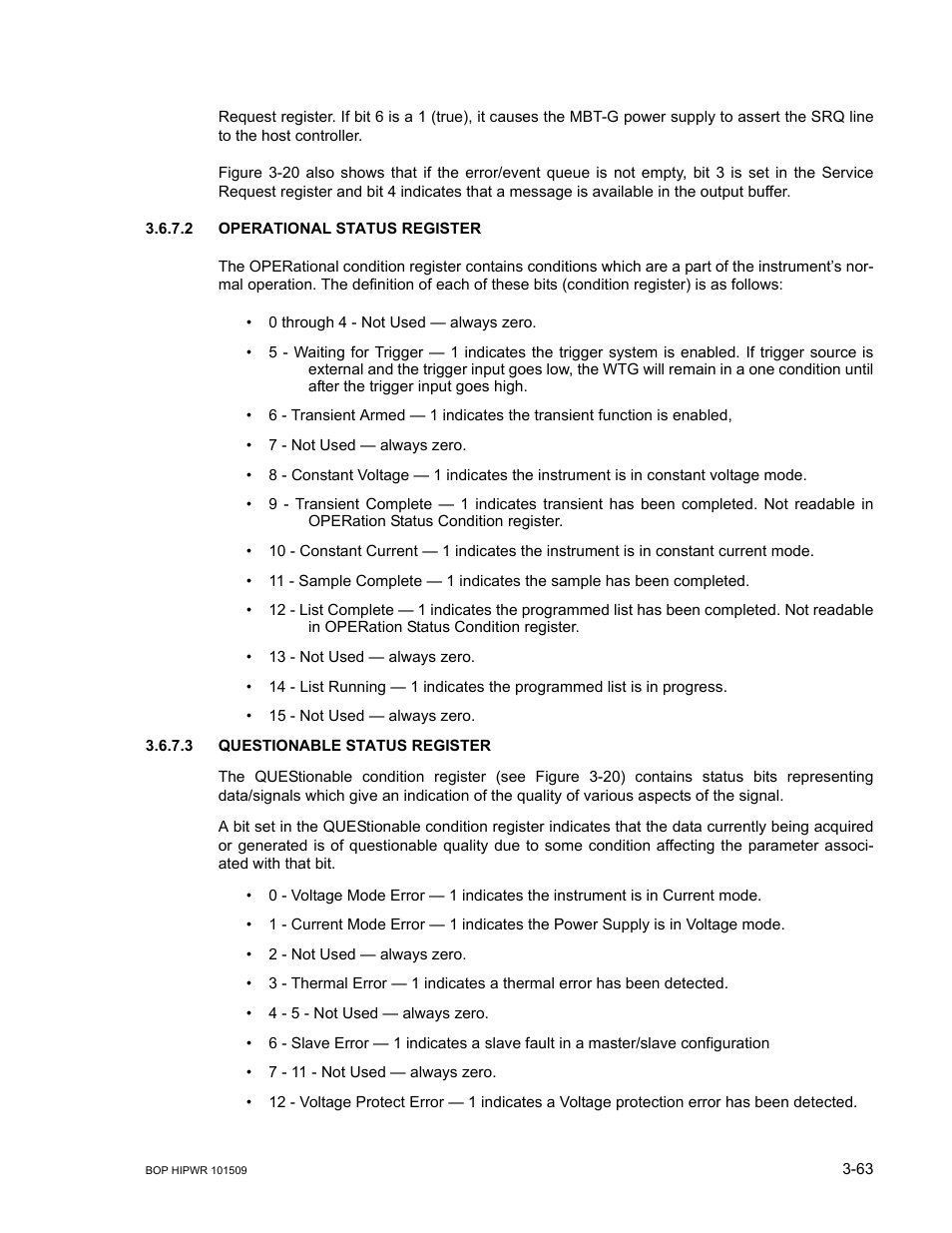 2 operational status register, 3 questionable status register, Operational status register -63 | Questionable status register -63 | KEPCO BOP 1KW-MG Operator Manual, Firmware Ver.2.48 to 3.04 User Manual | Page 127 / 188