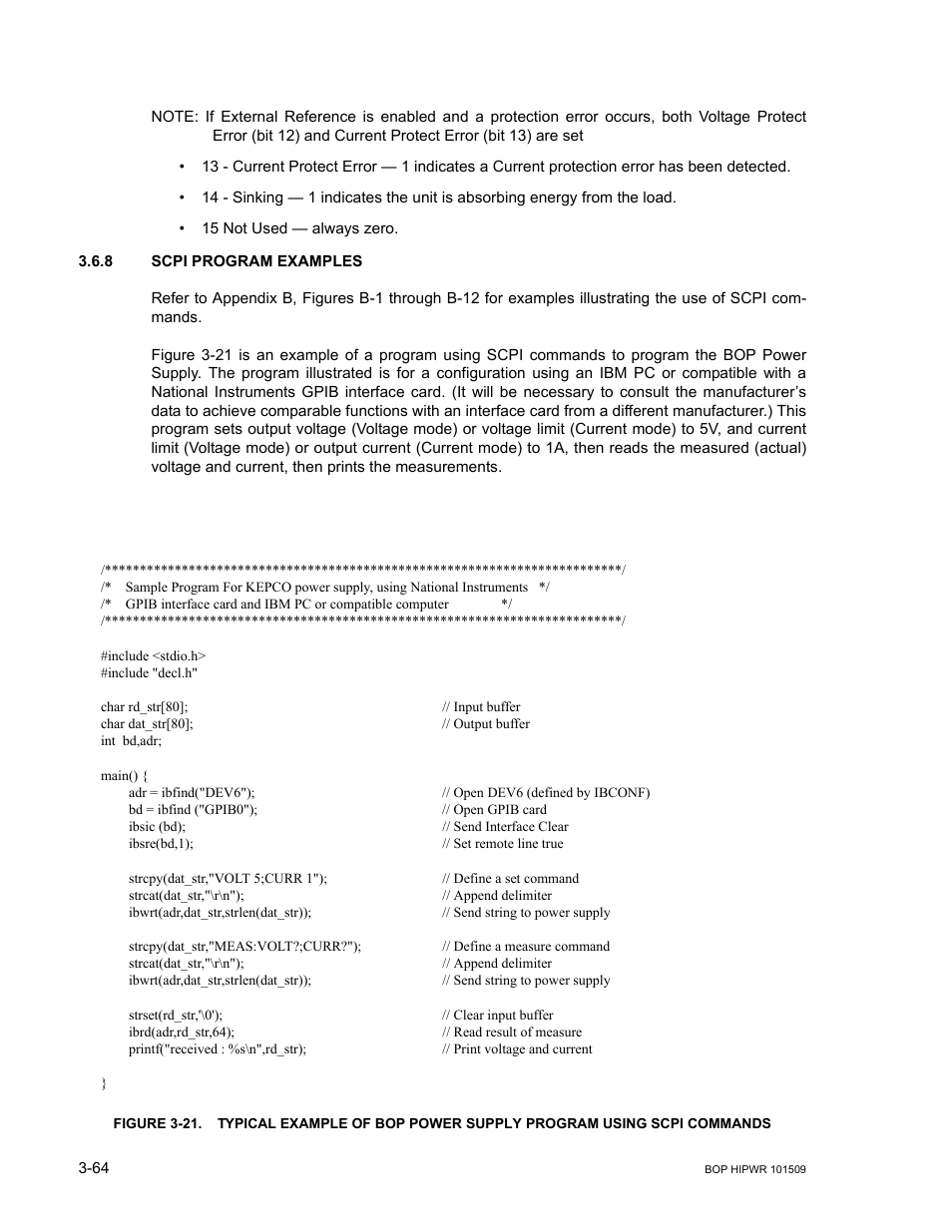 8 scpi program examples, Scpi program examples -64 | KEPCO BOP 1KW-MG Operator Manual, Firmware Ver.2.48 to 3.04 User Manual | Page 128 / 188