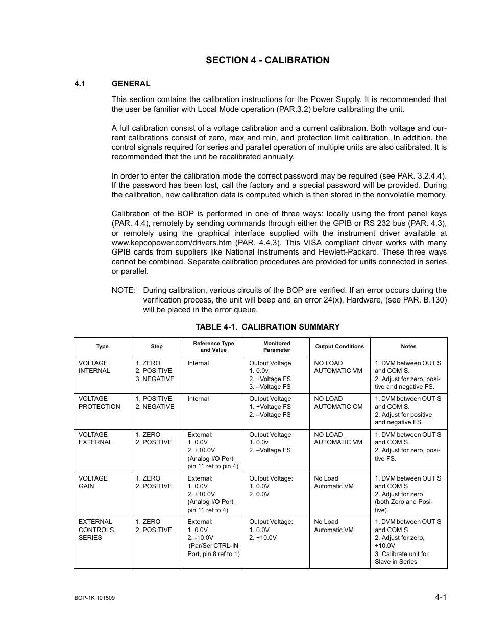 Section 4 - calibration, 1 general, Table 4-1. calibration summary (continued) | General -1, Calibration summary -1 | KEPCO BOP 1KW-MG Operator Manual, Firmware Ver.2.48 to 3.04 User Manual | Page 129 / 188