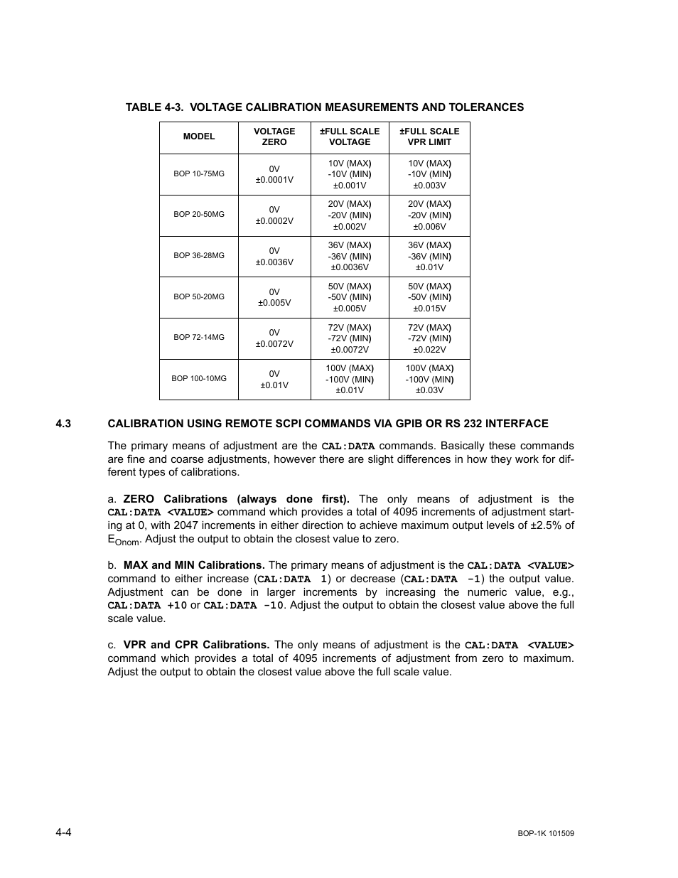 Voltage calibration measurements and tolerances -4, Ar. 4.3 | KEPCO BOP 1KW-MG Operator Manual, Firmware Ver.2.48 to 3.04 User Manual | Page 132 / 188