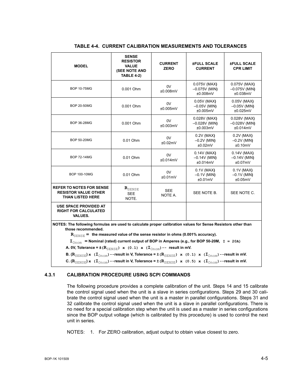 1 calibration procedure using scpi commands, Calibration procedure using scpi commands -5, Current calibration measurements and tolerances -5 | KEPCO BOP 1KW-MG Operator Manual, Firmware Ver.2.48 to 3.04 User Manual | Page 133 / 188
