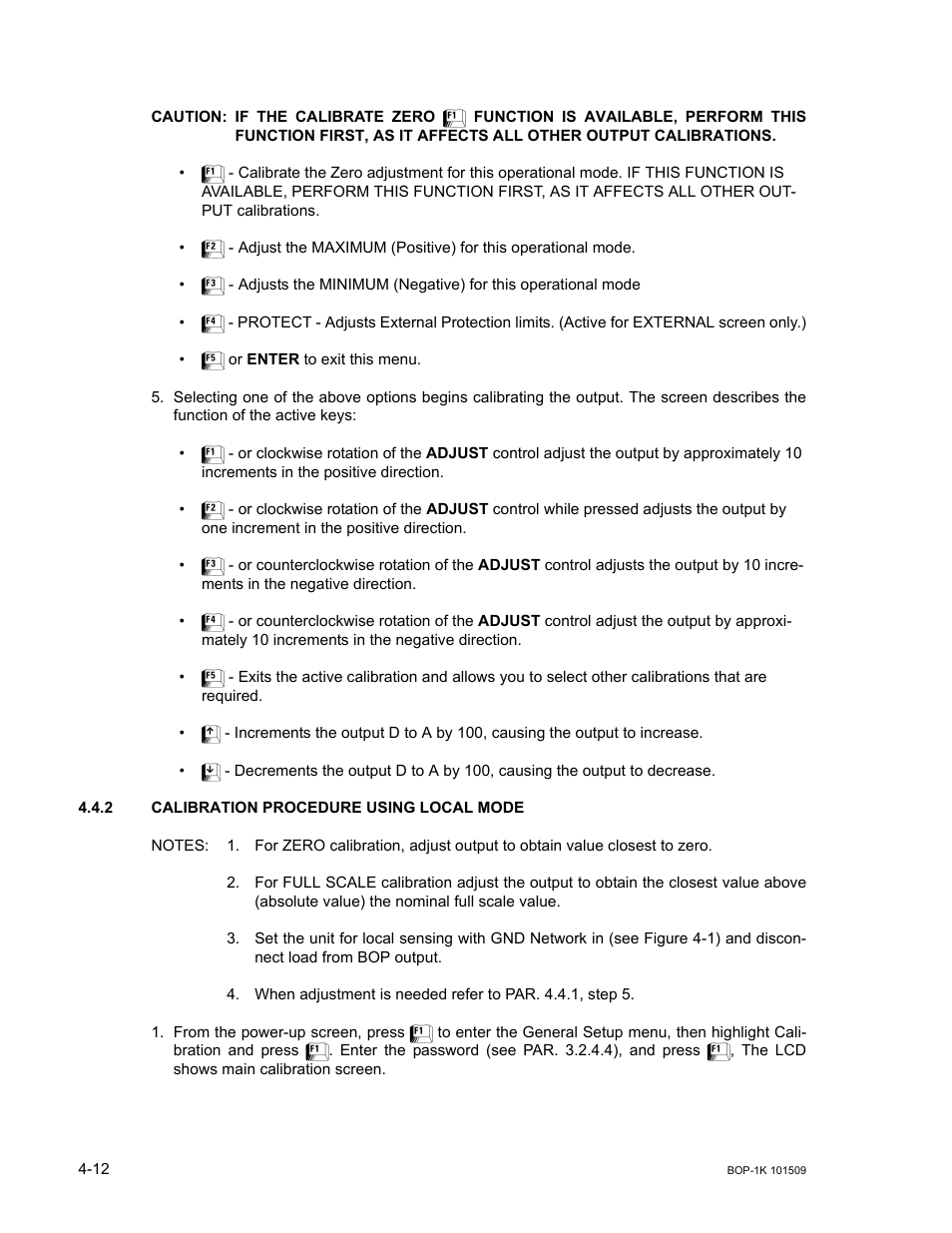 2 calibration procedure using local mode, Caution, If the calibrate zero | Calibration procedure using local mode -12, R. 4.4.2 | KEPCO BOP 1KW-MG Operator Manual, Firmware Ver.2.48 to 3.04 User Manual | Page 140 / 188