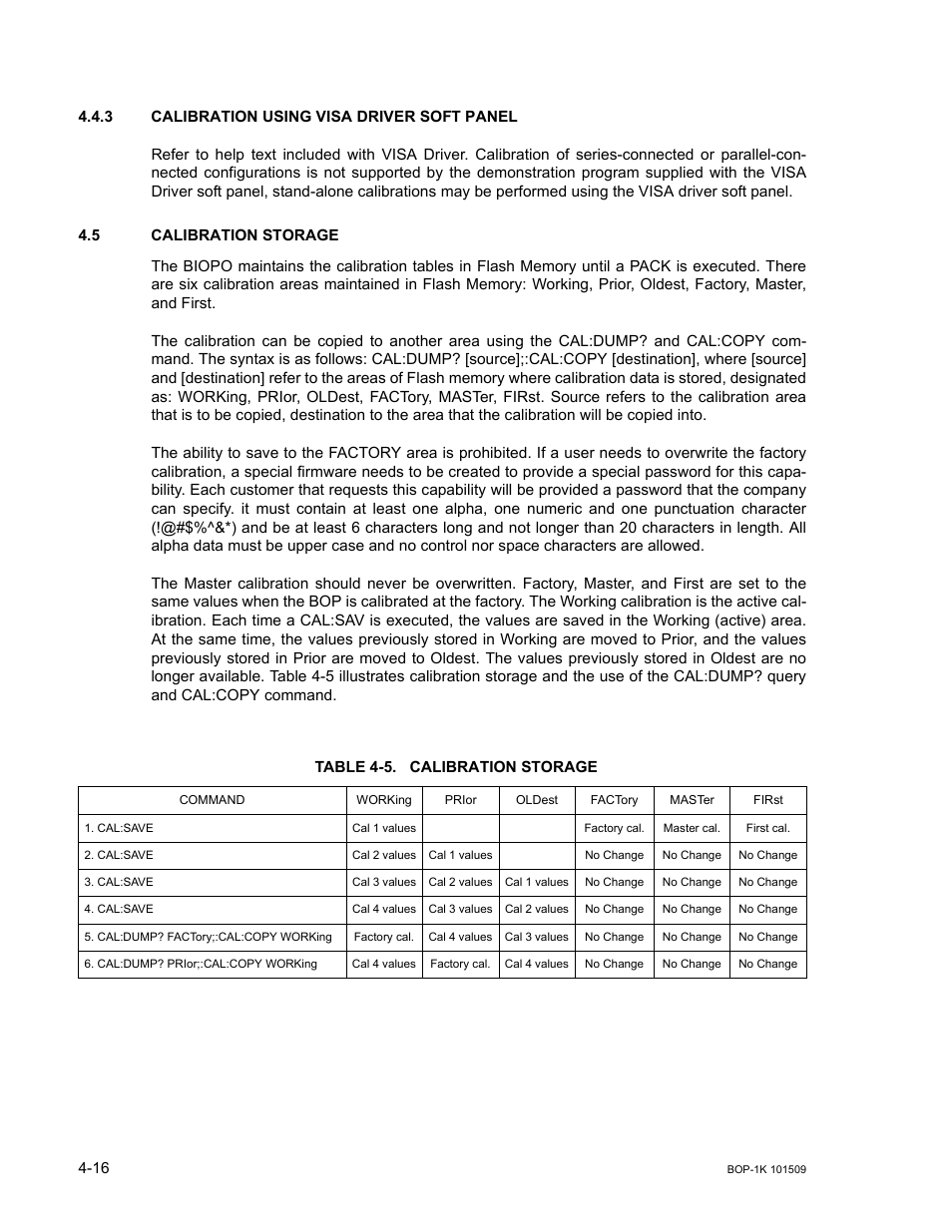 3 calibration using visa driver soft panel, 5 calibration storage, Table 4-5. calibration storage | Calibration using visa driver soft panel -16, Calibration storage -16, Ar. 4.4.3). this | KEPCO BOP 1KW-MG Operator Manual, Firmware Ver.2.48 to 3.04 User Manual | Page 144 / 188