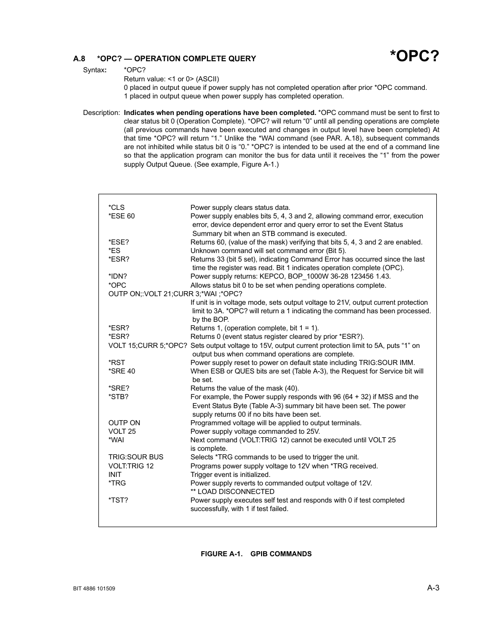 A.8 *opc? — operation complete query, Figure a-1. gpib commands, A-1.) | Gure a-1.), Figure a-1.), A-1.) as, Re a-1 | KEPCO BOP 1KW-MG Operator Manual, Firmware Ver.2.48 to 3.04 User Manual | Page 147 / 188