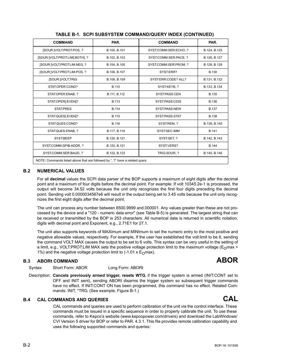 B.2 numerical values, B.3 abort command, B.4 cal commands and queries | Abor, R. b.3 thr, B.4 cal, Commands and queries | KEPCO BOP 1KW-MG Operator Manual, Firmware Ver.2.48 to 3.04 User Manual | Page 152 / 188