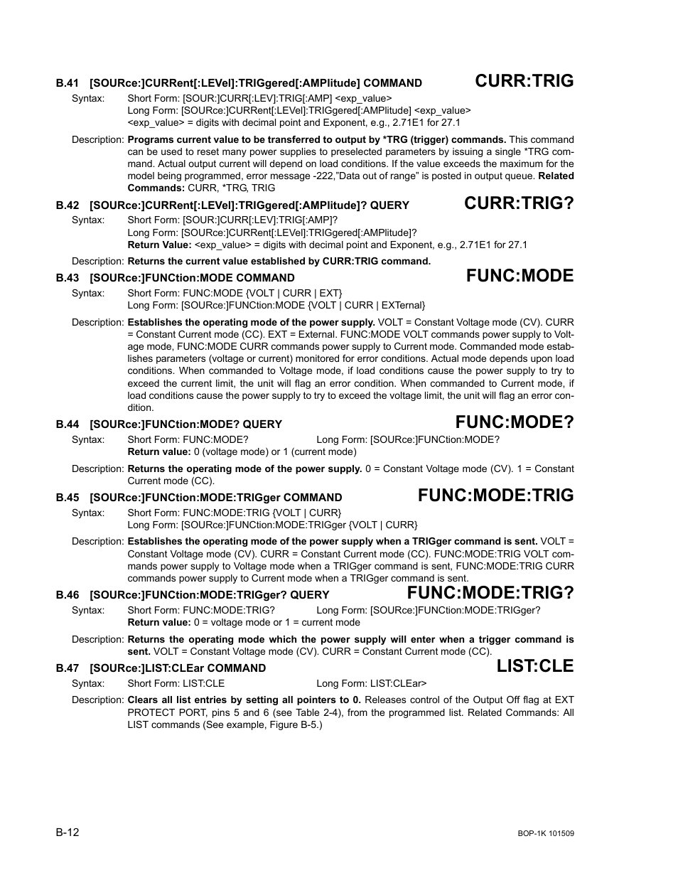 B.43 [source:]function:mode command, B.44 [source:]function:mode? query, B.45 [source:]function:mode:trigger command | B.46 [source:]function:mode:trigger? query, B.47 [source:]list:clear command, B.41, Sour, B.42, B.43, B.44 | KEPCO BOP 1KW-MG Operator Manual, Firmware Ver.2.48 to 3.04 User Manual | Page 162 / 188