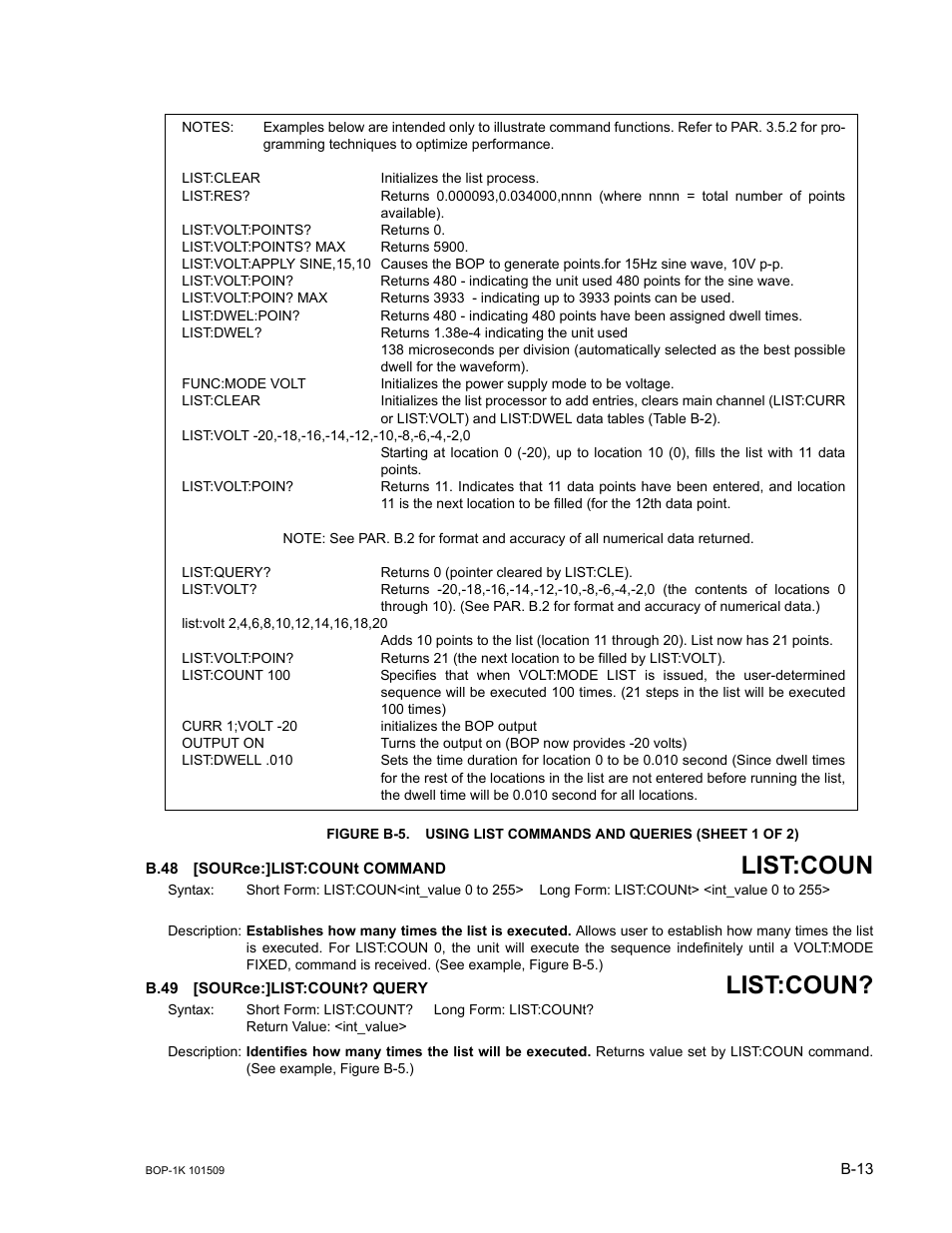 Figure b-5. using list commands and queries, B.48 [source:]list:count command, B.49 [source:]list:count? query | B.48, Sour, B.49, B.48, b.49, List:coun | KEPCO BOP 1KW-MG Operator Manual, Firmware Ver.2.48 to 3.04 User Manual | Page 163 / 188