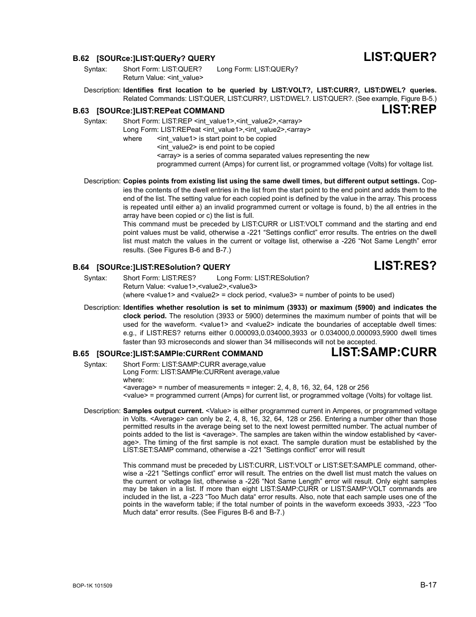 B.62 [source:]list:query? query, B.63 [source:]list:repeat command, B.64 [source:]list:resolution? query | B.65 [source:]list:sample:current command, B.62, Sour, B.63, B.64, B.65, List:quer | KEPCO BOP 1KW-MG Operator Manual, Firmware Ver.2.48 to 3.04 User Manual | Page 167 / 188