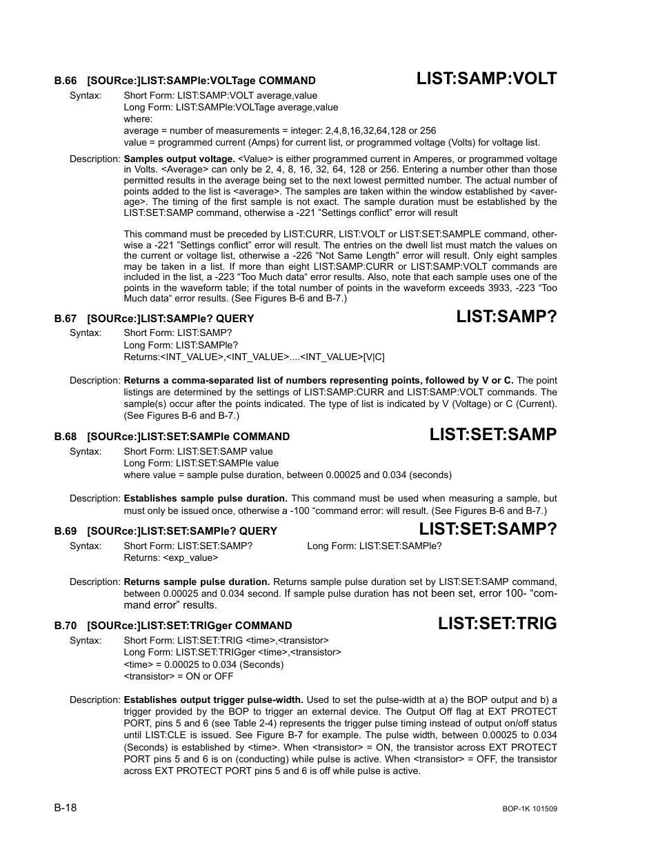B.66 [source:]list:sample:voltage command, B.67 [source:]list:sample? query, B.68 [source:]list:set:sample command | B.69 [source:]list:set:sample? query, B.70 [source:]list:set:trigger command, B.66, Sour, B.67, B.68, B.69 | KEPCO BOP 1KW-MG Operator Manual, Firmware Ver.2.48 to 3.04 User Manual | Page 168 / 188