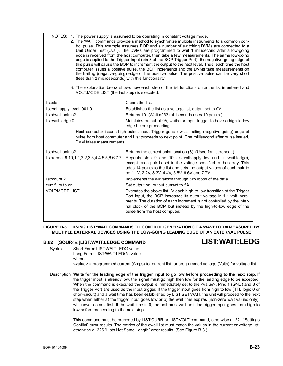 B.82 [source:]list:wait:ledge command, B.82, Sour | List:wait:ledg | KEPCO BOP 1KW-MG Operator Manual, Firmware Ver.2.48 to 3.04 User Manual | Page 173 / 188