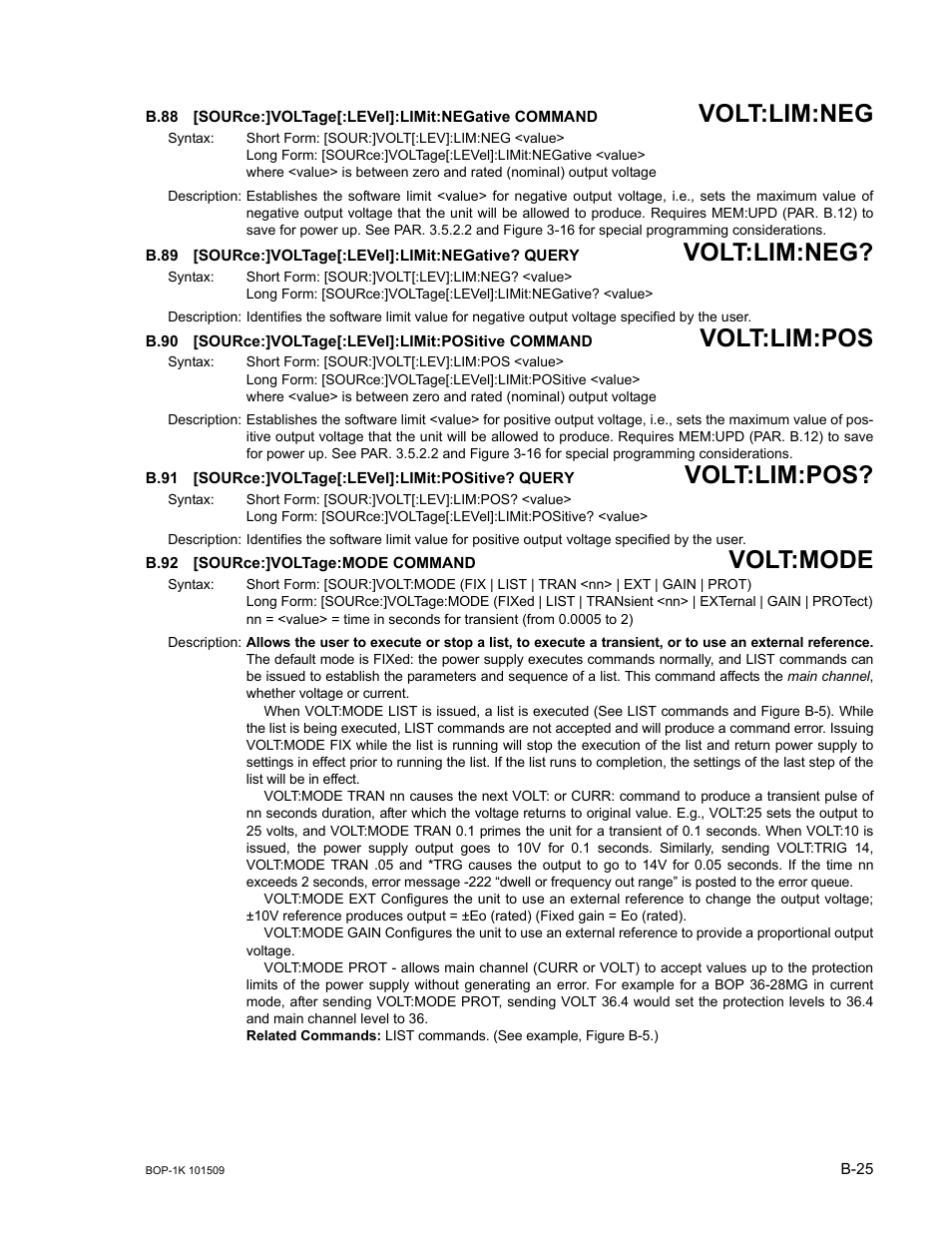 B.92 [source:]voltage:mode command, B.88, Sour | B.89, B.90, B.91, B.92, B.88, b.90, B.88, b.89, B.90, b.91 | KEPCO BOP 1KW-MG Operator Manual, Firmware Ver.2.48 to 3.04 User Manual | Page 175 / 188