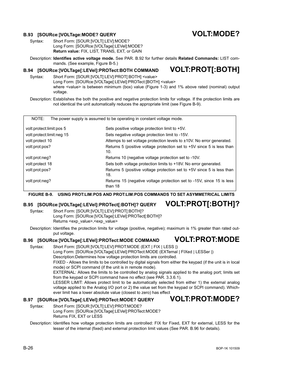 B.93 [source:]voltage:mode? query, B.94 [source:]voltage[:level]:protect:both command, B.96 [source:]voltage[:level]:protect:mode command | B.97 [source:]voltage[:level]:protect:mode? query, B.93, Sour, B.94, B.95, B.96, B.97 | KEPCO BOP 1KW-MG Operator Manual, Firmware Ver.2.48 to 3.04 User Manual | Page 176 / 188