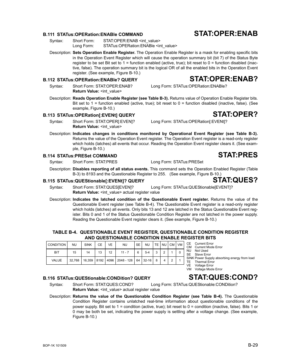 B.111 status:operation:enable command, B.112 status:operation:enable? query, B.113 status:operation[:event] query | B.114 status:preset command, B.115 status:questionable[:event]? query, B.116 status:questionable:condition? query, B.111, Stat, B.112, B.113 | KEPCO BOP 1KW-MG Operator Manual, Firmware Ver.2.48 to 3.04 User Manual | Page 179 / 188