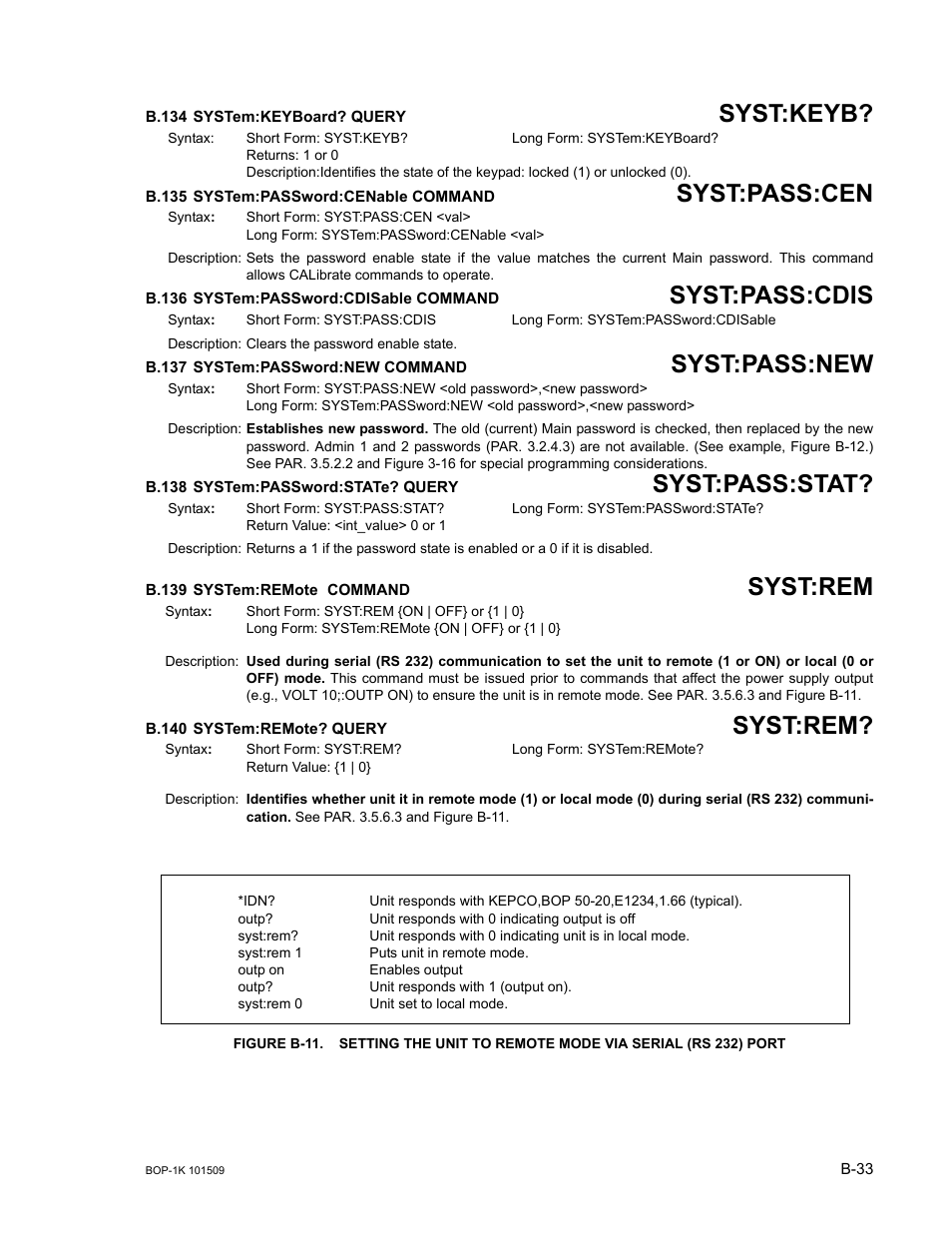 B.134 system:keyboard? query, B.135 system:password:cenable command, B.136 system:password:cdisable command | B.137 system:password:new command, B.138 system:password:state? query, B.139 system:remote command, B.140 system:remote? query, B.134, Syst, B.135 | KEPCO BOP 1KW-MG Operator Manual, Firmware Ver.2.48 to 3.04 User Manual | Page 183 / 188