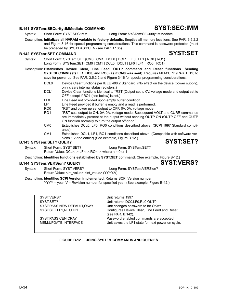 B.141 system:security:immediate command, B.142 system:set command, B.143 system:set? query | B.144 system:version? query, Figure b-12. using system commands and queries, B.141, Syst, B.142, B.143, B.144 | KEPCO BOP 1KW-MG Operator Manual, Firmware Ver.2.48 to 3.04 User Manual | Page 184 / 188