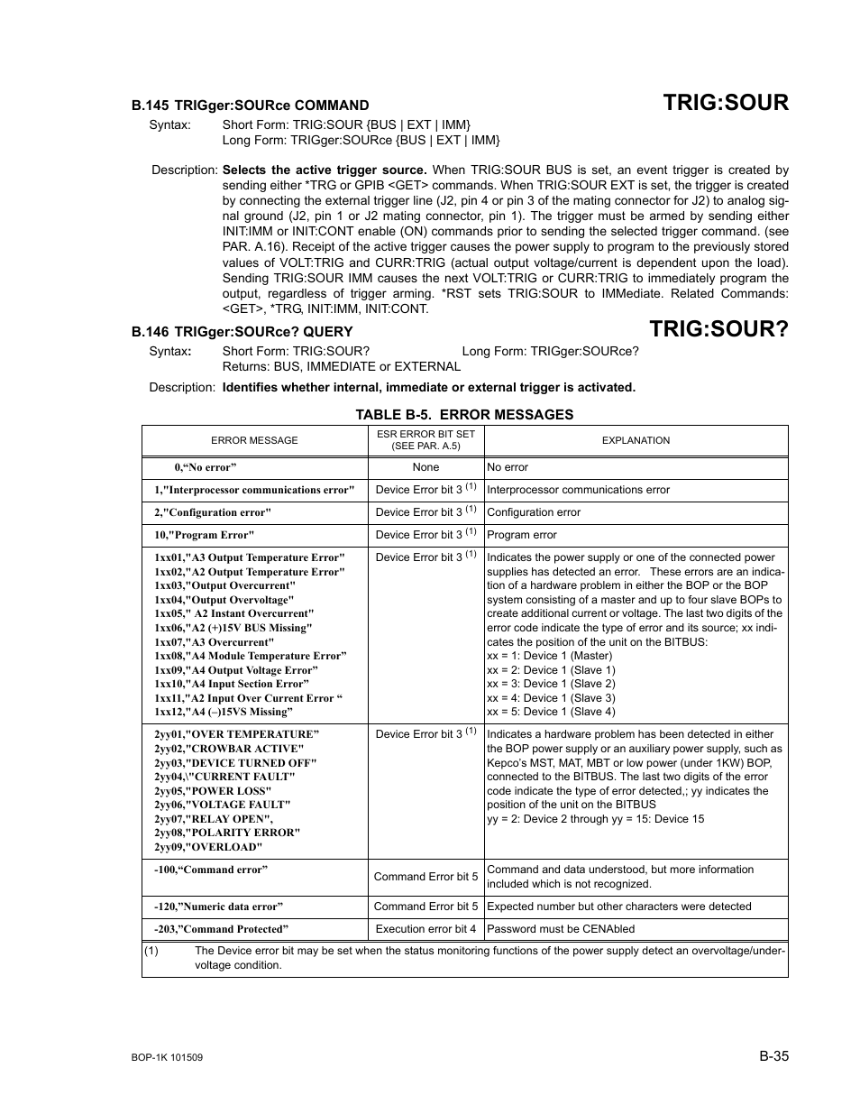 B.145 trigger:source command, B.146 trigger:source? query, Table b-5. error messages (continued) | B.145, Trig, B.146, B-5, appendix, H b.146, B.145, b.146, Trig:sour | KEPCO BOP 1KW-MG Operator Manual, Firmware Ver.2.48 to 3.04 User Manual | Page 185 / 188