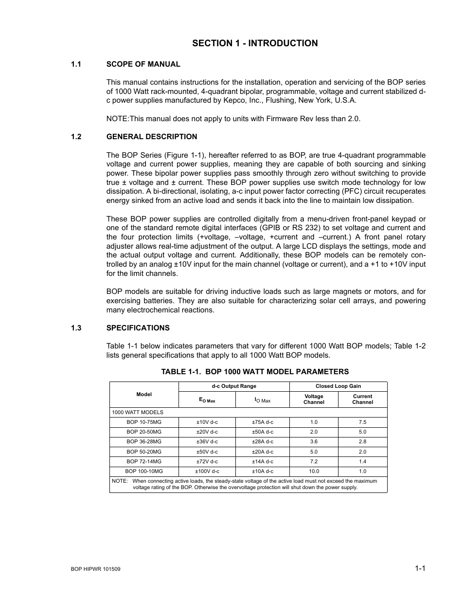 Section 1 - introduction, 1 scope of manual, 2 general description | 3 specifications, Table 1-1. bop 1000 watt model parameters, Scope of manual -1, General description -1, Specifications -1, Bop 1000 watt model parameters -1 | KEPCO BOP 1KW-MG Operator Manual, Firmware Ver.2.48 to 3.04 User Manual | Page 21 / 188