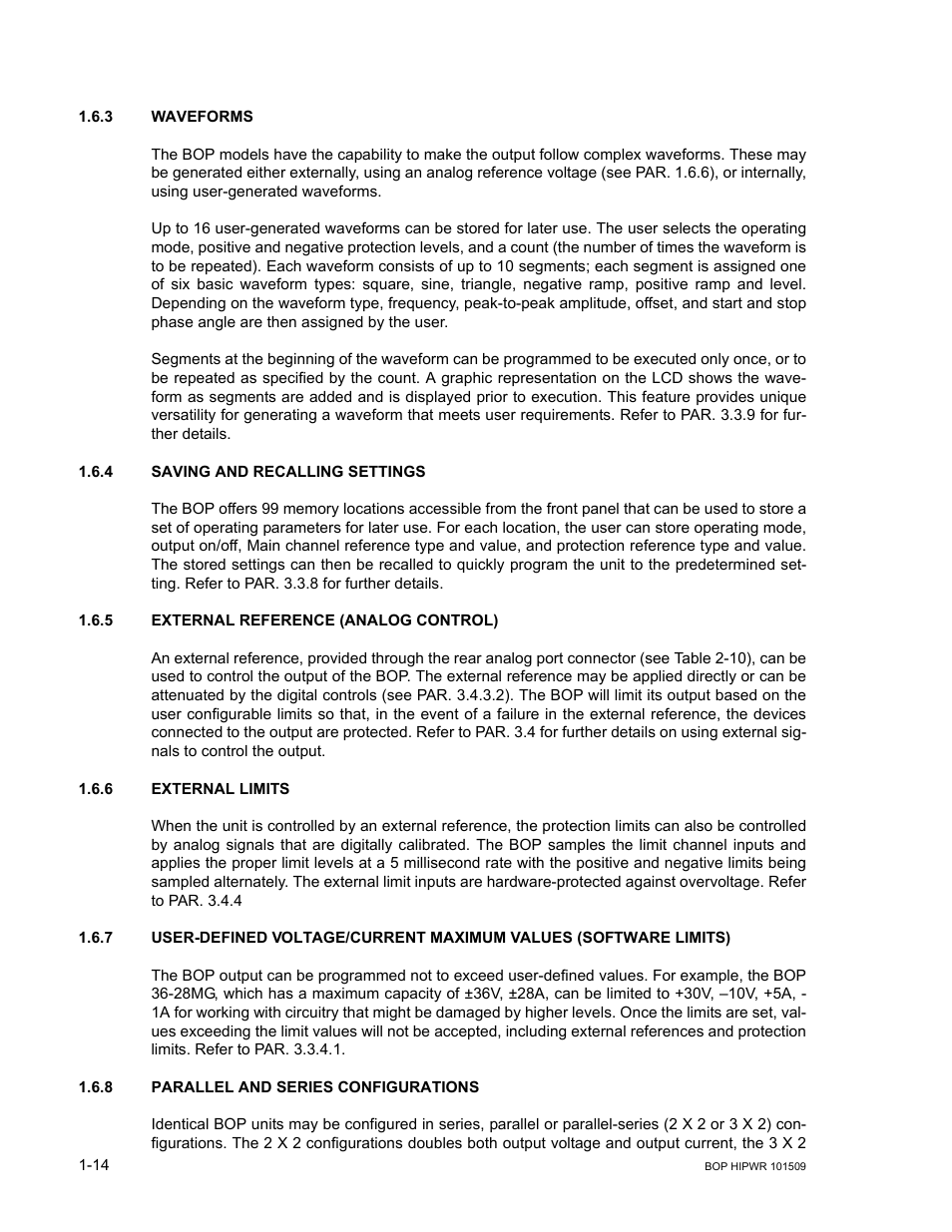 3 waveforms, 4 saving and recalling settings, 5 external reference (analog control) | 6 external limits, 8 parallel and series configurations, Waveforms -14, Saving and recalling settings -14, External reference (analog control) -14, External limits -14, Parallel and series configurations -14 | KEPCO BOP 1KW-MG Operator Manual, Firmware Ver.2.48 to 3.04 User Manual | Page 34 / 188