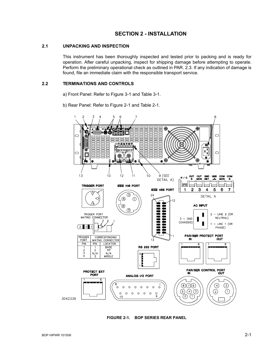 Section 2 - installation, 1 unpacking and inspection, 2 terminations and controls | Figure 2-1. bop series rear panel, Unpacking and inspection -1, Terminations and controls -1, Bop series rear panel -1, 1, t | KEPCO BOP 1KW-MG Operator Manual, Firmware Ver.2.48 to 3.04 User Manual | Page 39 / 188