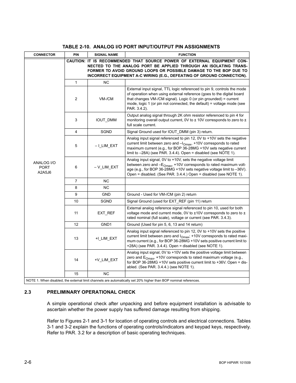 3 preliminary operational check, Caution, A-c wiring (e.g., defeating of ground connection) | Preliminary operational check -6, 10 analog i/o port input/output pin assignments -6, Able 2-10), Able 2-10, R. 2.3, Able 2-10.) | KEPCO BOP 1KW-MG Operator Manual, Firmware Ver.2.48 to 3.04 User Manual | Page 44 / 188