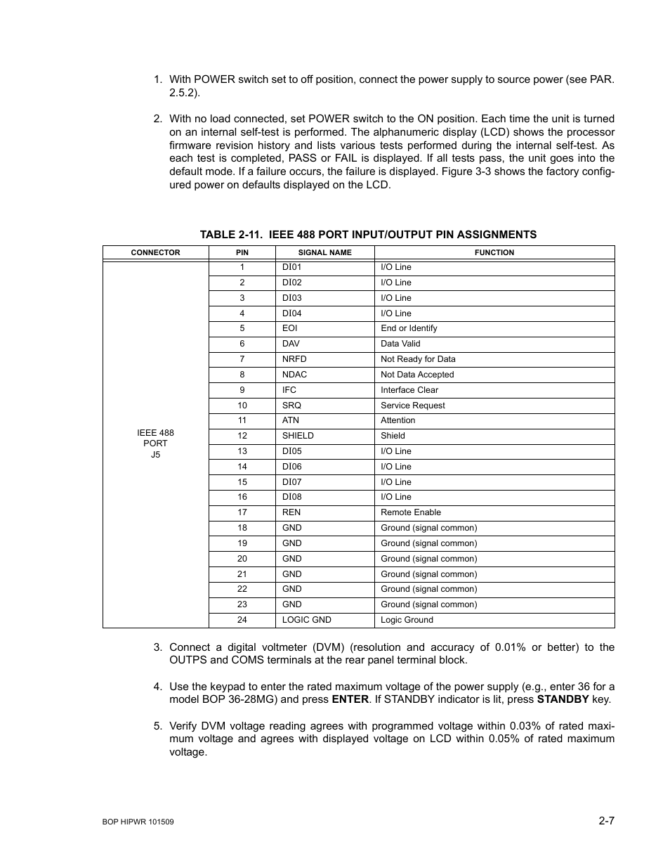 11 ieee 488 port input/output pin assignments -7 | KEPCO BOP 1KW-MG Operator Manual, Firmware Ver.2.48 to 3.04 User Manual | Page 45 / 188