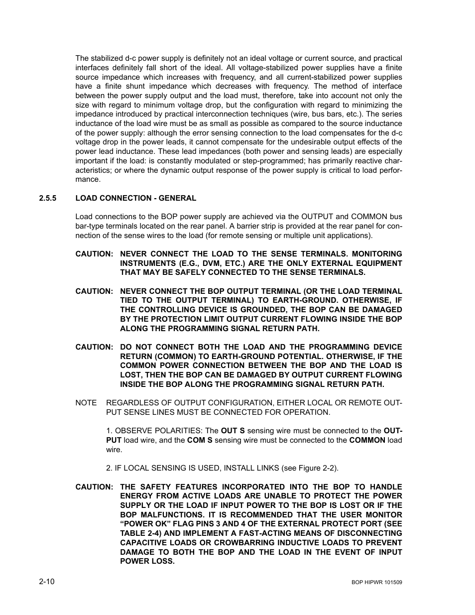 5 load connection - general, Caution, Nected to the sense terminals | Ming signal return path, Load connection - general -10 | KEPCO BOP 1KW-MG Operator Manual, Firmware Ver.2.48 to 3.04 User Manual | Page 48 / 188