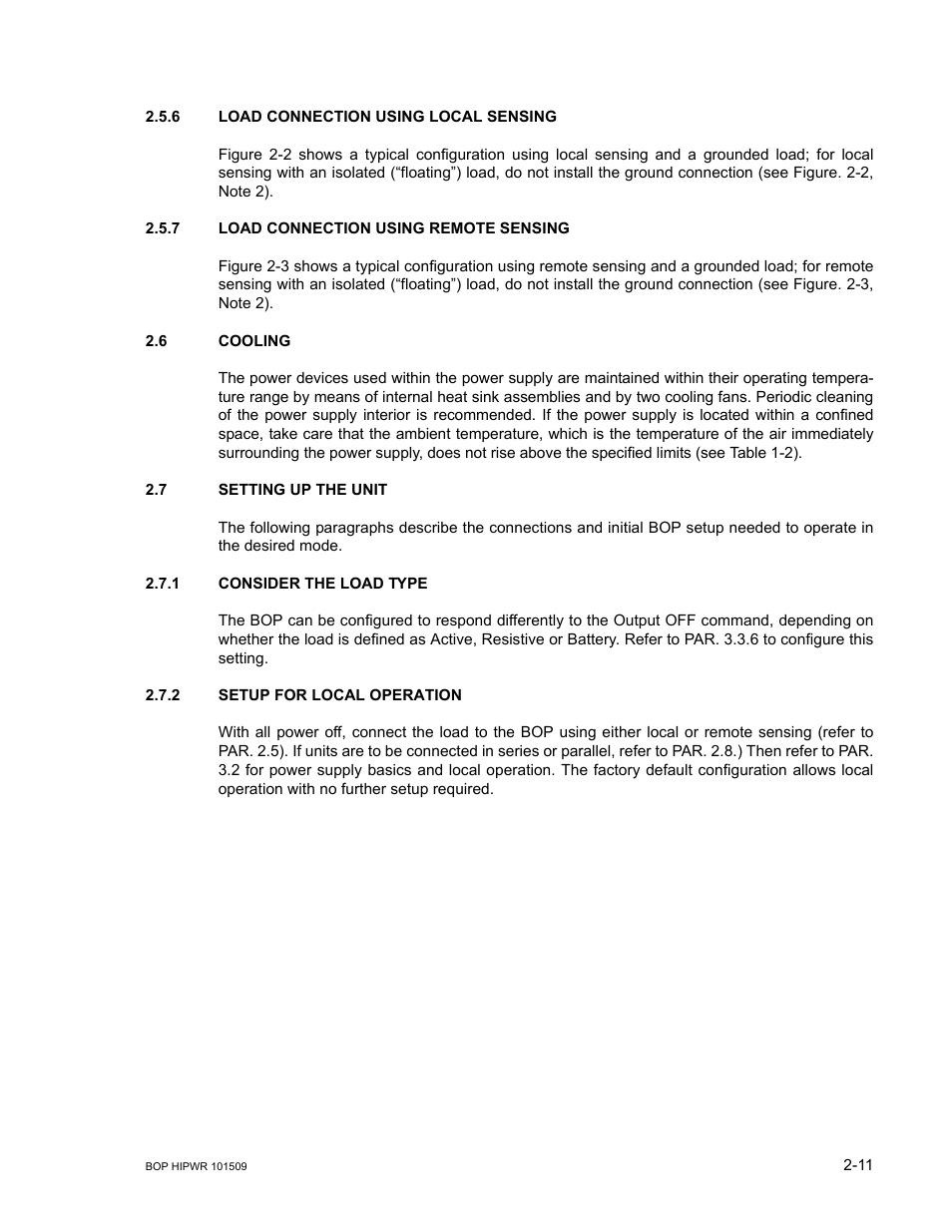 6 load connection using local sensing, 7 load connection using remote sensing, 6 cooling | 7 setting up the unit, 1 consider the load type, 2 setup for local operation, Load connection using local sensing -11, Load connection using remote sensing -11, Cooling -11, Setting up the unit -11 | KEPCO BOP 1KW-MG Operator Manual, Firmware Ver.2.48 to 3.04 User Manual | Page 49 / 188