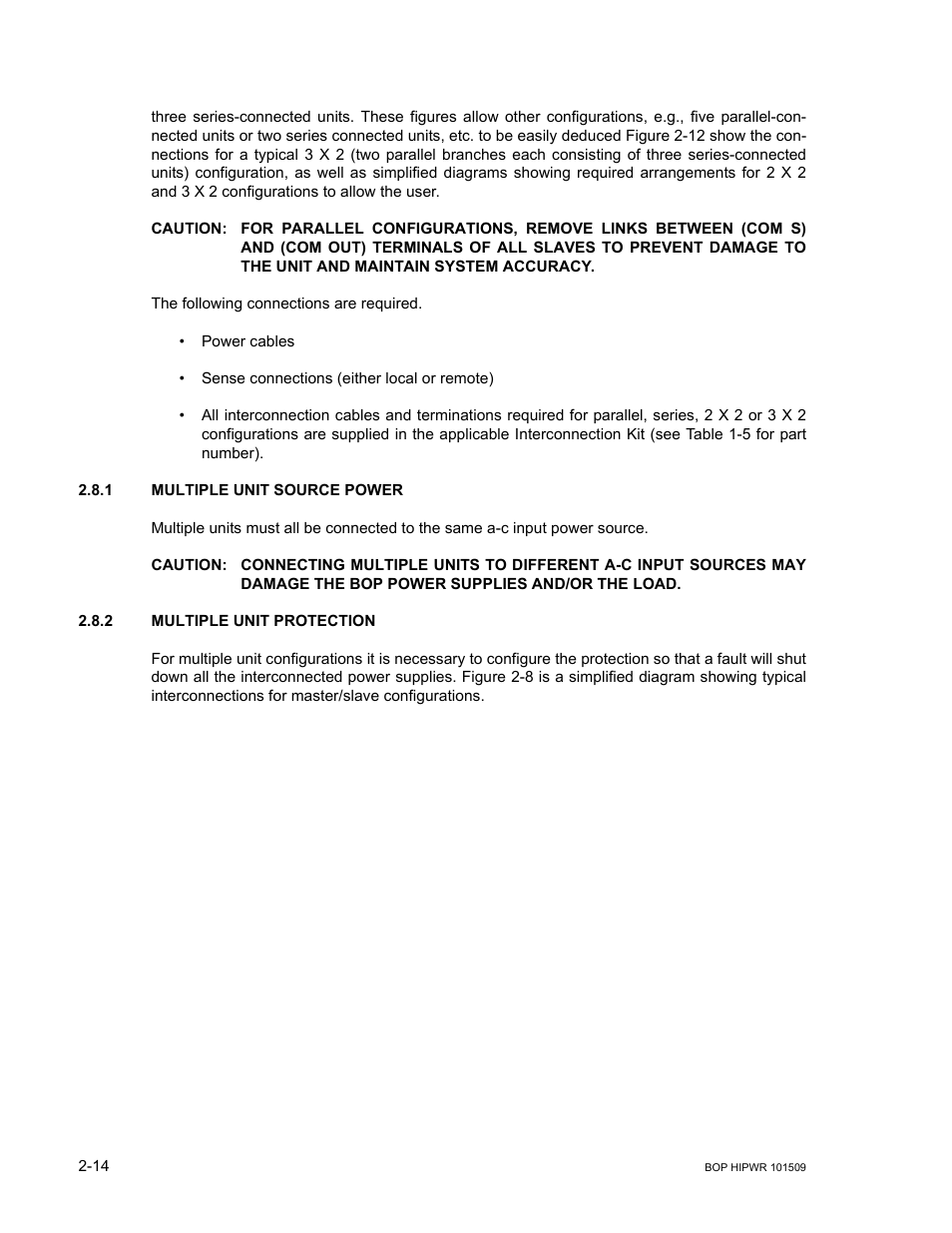 1 multiple unit source power, 2 multiple unit protection, Caution | System accuracy, Bop power supplies and/or the load, Multiple unit source power -14, Multiple unit protection -14 | KEPCO BOP 1KW-MG Operator Manual, Firmware Ver.2.48 to 3.04 User Manual | Page 52 / 188