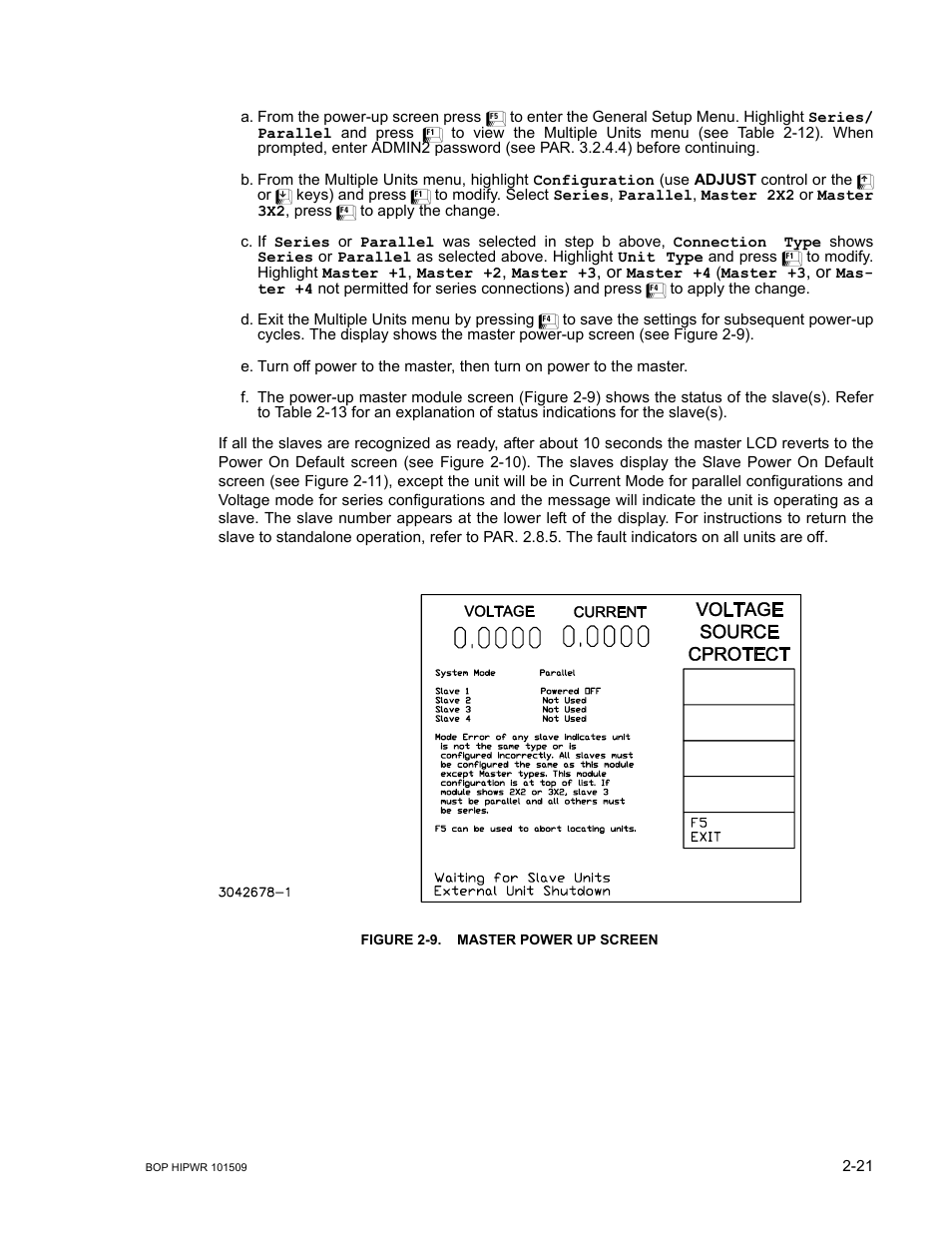 Figure 2-9. master power up screen, Master power up screen -21 | KEPCO BOP 1KW-MG Operator Manual, Firmware Ver.2.48 to 3.04 User Manual | Page 59 / 188