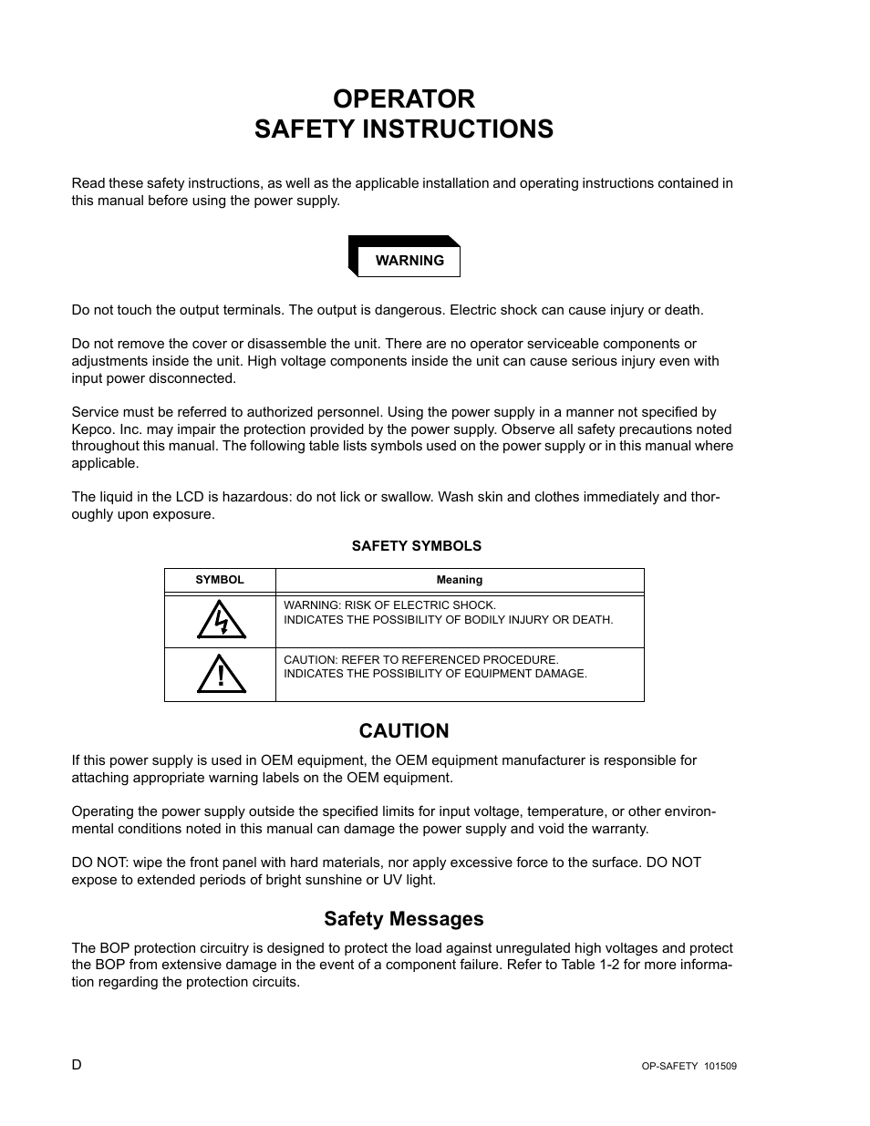 Operator safety instructions, Caution, Safety messages | KEPCO BOP 1KW-MG Operator Manual, Firmware Ver.2.48 to 3.04 User Manual | Page 6 / 188