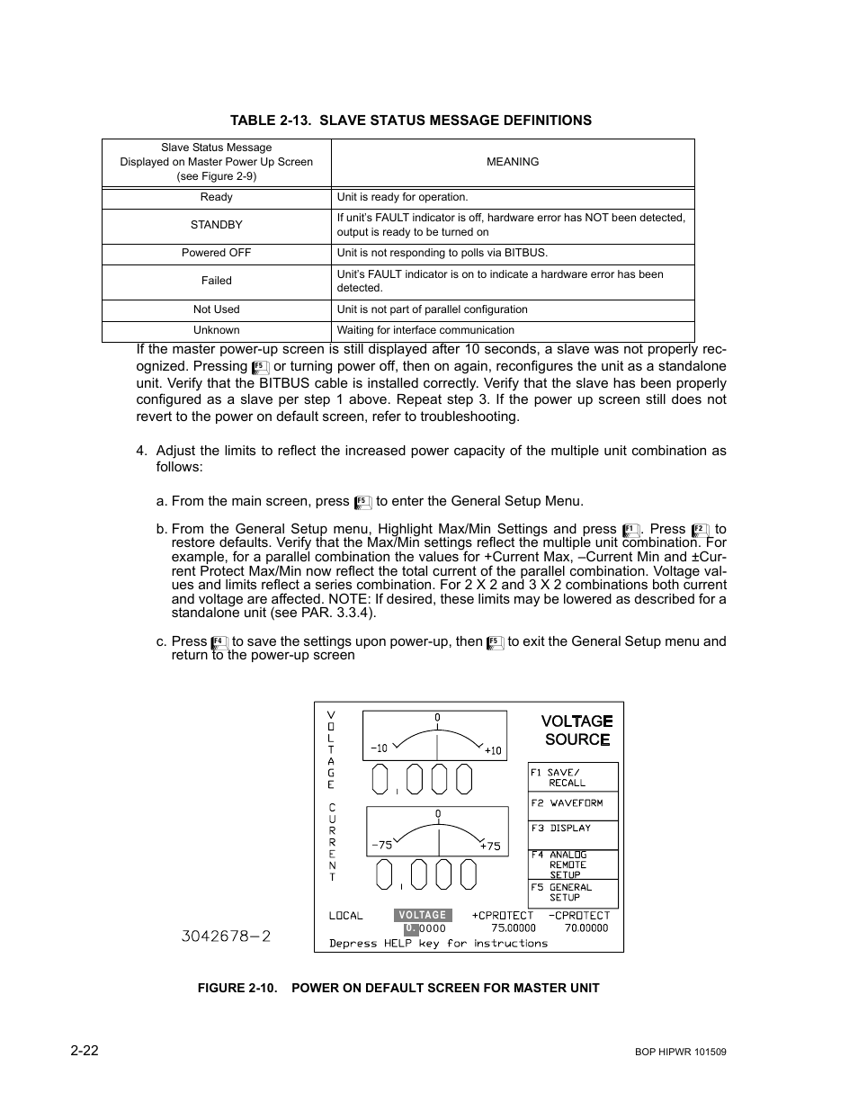Table 2-13. slave status message definitions, 10 power on default screen for master unit -22, 13 slave status message definitions -22 | KEPCO BOP 1KW-MG Operator Manual, Firmware Ver.2.48 to 3.04 User Manual | Page 60 / 188