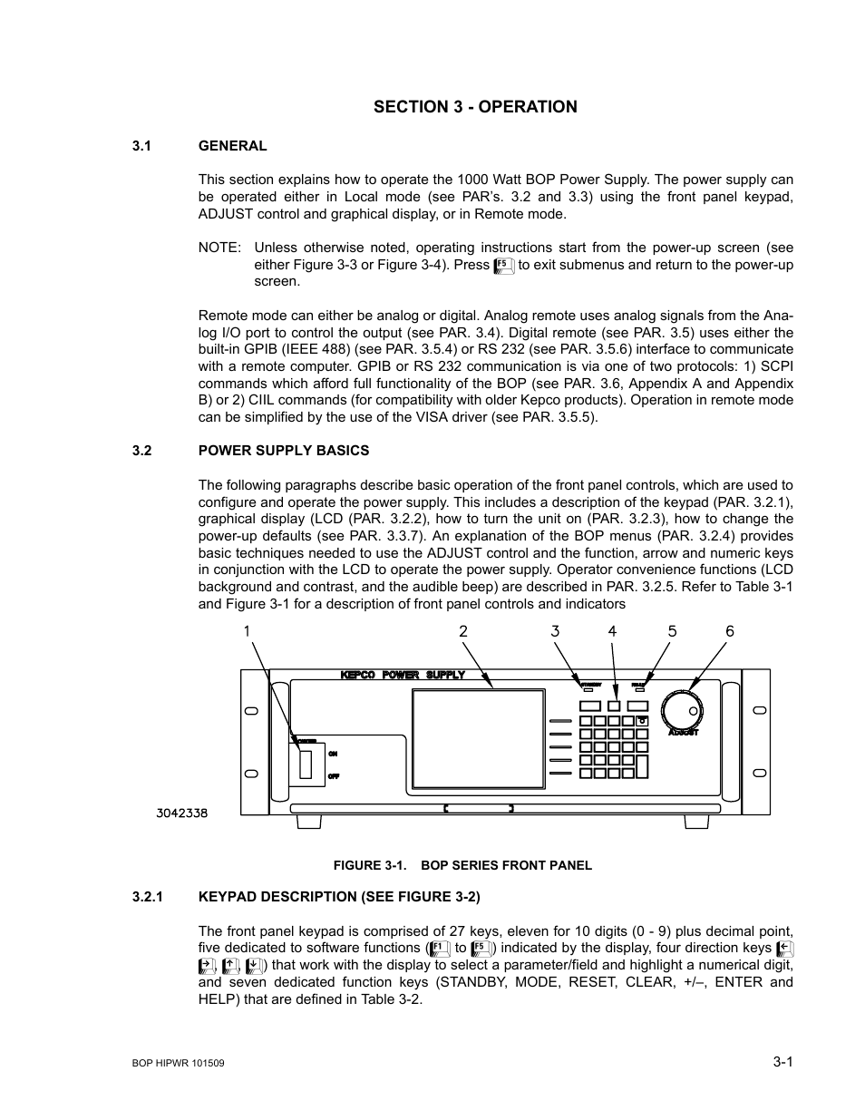 Section 3 - operation, 1 general, 2 power supply basics | Figure 3-1. bop series front panel, 1 keypad description, General -1, Power supply basics -1, Keypad description -1, Bop series front panel -1, 1 an | KEPCO BOP 1KW-MG Operator Manual, Firmware Ver.2.48 to 3.04 User Manual | Page 65 / 188