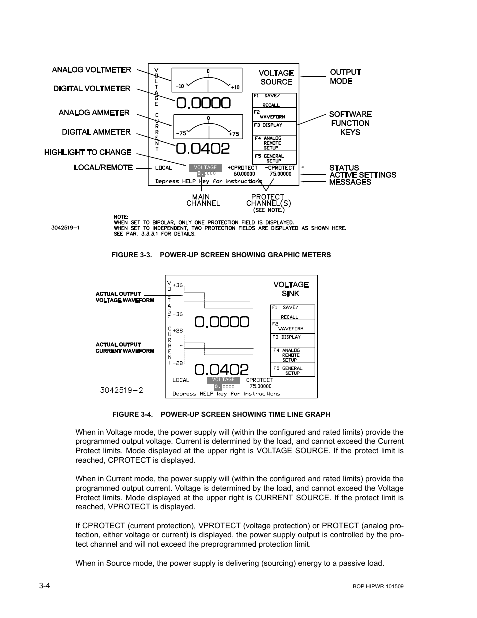 Figure 3-3. power-up screen showing graphic meters, Power-up screen showing graphic meters -4, Power-up screen showing time line graph -4 | E 3-3 | KEPCO BOP 1KW-MG Operator Manual, Firmware Ver.2.48 to 3.04 User Manual | Page 68 / 188
