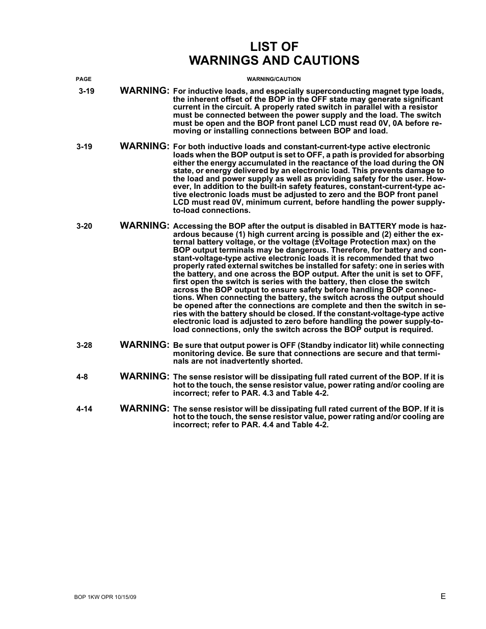 List of warnings and cautions | KEPCO BOP 1KW-MG Operator Manual, Firmware Ver.2.48 to 3.04 User Manual | Page 7 / 188