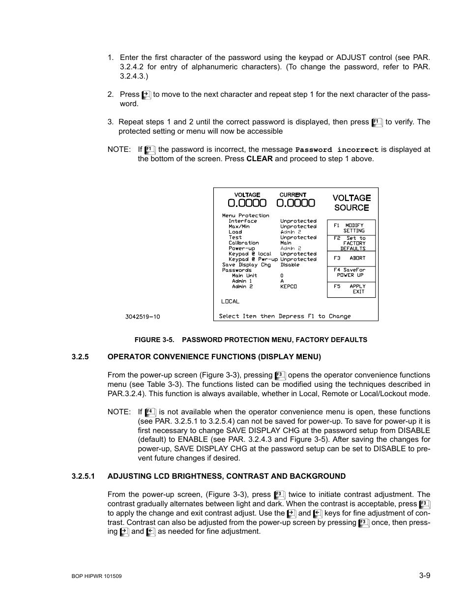 5 operator convenience functions (display menu), Operator convenience functions (display menu) -9, Password protection menu, factory defaults -9 | R. 3.2.5), Ee figure 3-5 for | KEPCO BOP 1KW-MG Operator Manual, Firmware Ver.2.48 to 3.04 User Manual | Page 73 / 188
