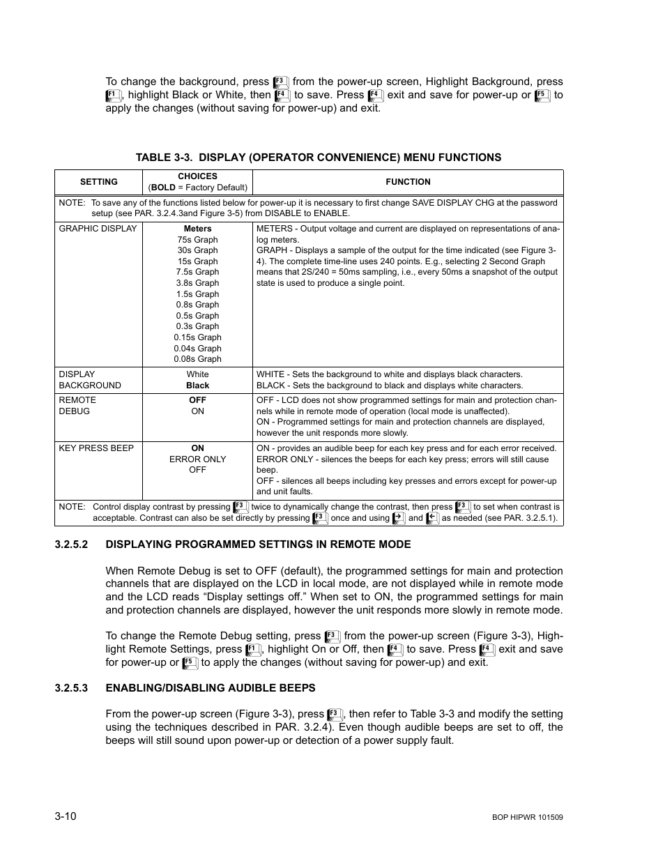2 displaying programmed settings in remote mode, 3 enabling/disabling audible beeps, Displaying programmed settings in remote mode -10 | Enabling/disabling audible beeps -10, Display (operator convenience) menu functions -10, Es 3-3, Ble 3-3) | KEPCO BOP 1KW-MG Operator Manual, Firmware Ver.2.48 to 3.04 User Manual | Page 74 / 188