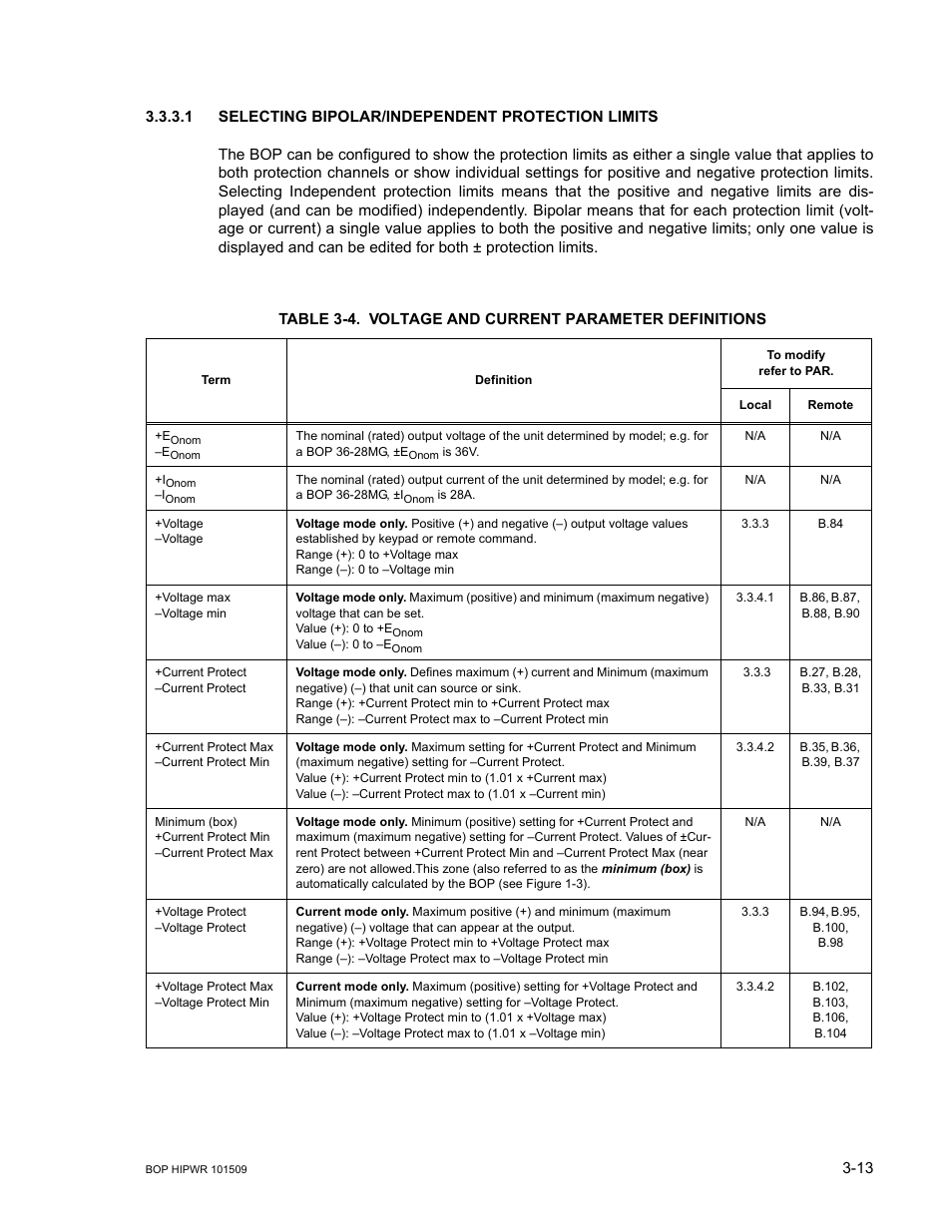 1 selecting bipolar/independent protection limits, Voltage and current parameter definitions -13, R. 3.3.3.1) | KEPCO BOP 1KW-MG Operator Manual, Firmware Ver.2.48 to 3.04 User Manual | Page 77 / 188