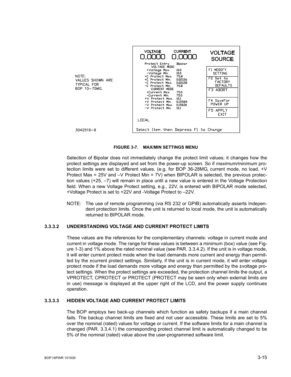 Figure 3-7. max/min settings menu, 2 understanding voltage and current protect limits, 3 hidden voltage and current protect limits | Hidden voltage and current protect limits -15, Max/min settings menu -15, E 3-7 | KEPCO BOP 1KW-MG Operator Manual, Firmware Ver.2.48 to 3.04 User Manual | Page 79 / 188
