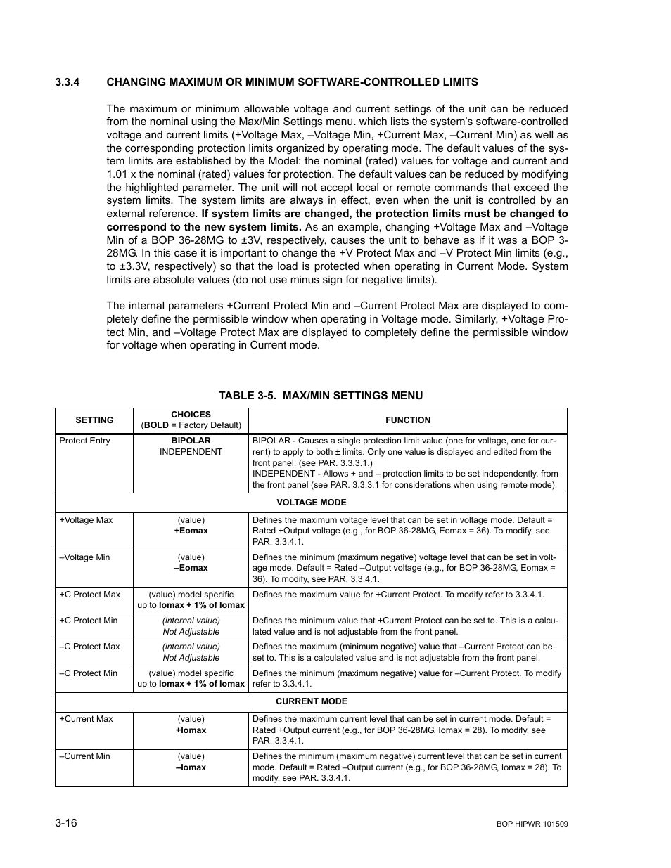 Table 3-5. max/min settings menu (continued), Max/min settings menu -16, R. 3.3.4) | Able 3-5) | KEPCO BOP 1KW-MG Operator Manual, Firmware Ver.2.48 to 3.04 User Manual | Page 80 / 188